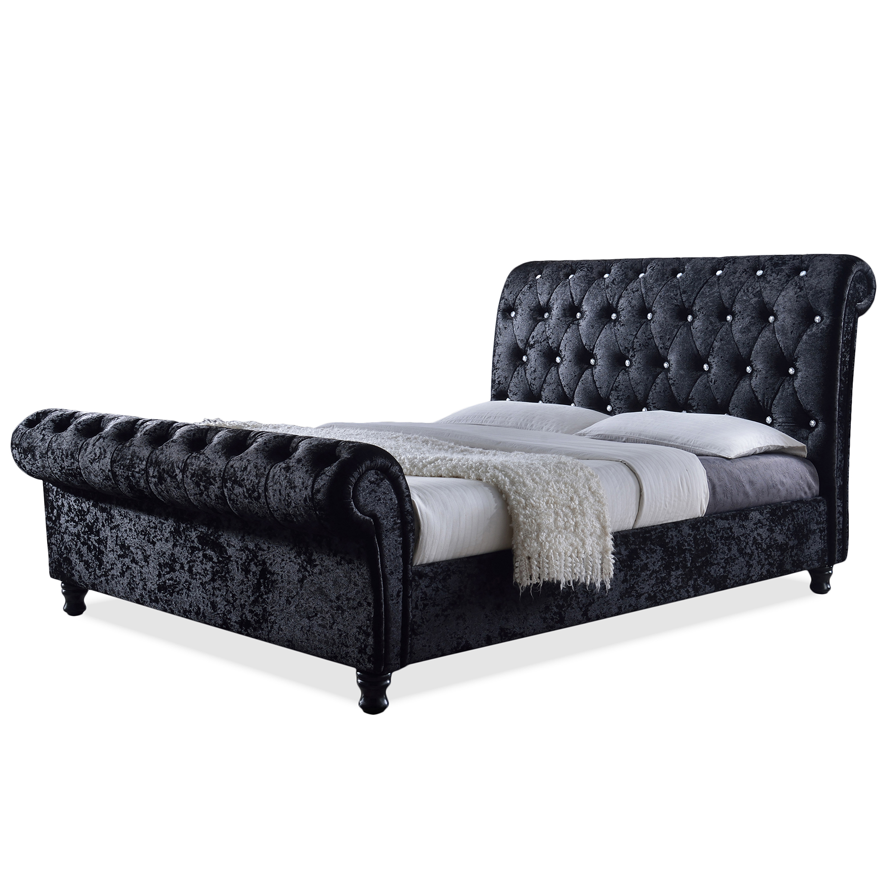 Baxton Studio Castello Black Velvet Upholstered Faux Crystal-Buttoned Sleigh King Platform Bed